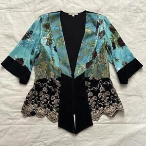 Y2K Blue and black vintage silk and lace kimono with floral and lace details